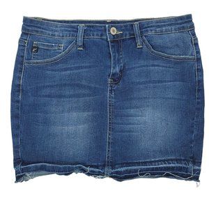 KanCan Mini Skirt Denim Jean Women Size 9/28 Stretchy Dark Wash Raw Hem Festival